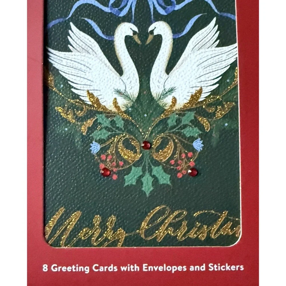 Merry Christmas Swan Note Cards Blank Box Set 8 Blank with Envelopes & Stickers